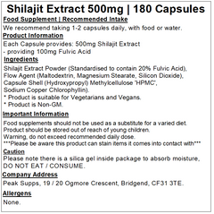 Shilajit 500mg Extract Capsules (20% Fulvic Acid)