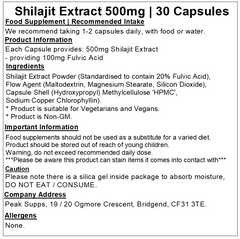 Shilajit 500mg Extract Capsules (20% Fulvic Acid)