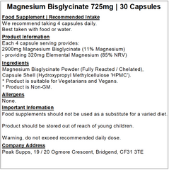 Magnesium Bisglycinate (Glycinate) 725mg Capsules (Chelated - Fully Reacted) (Pure)