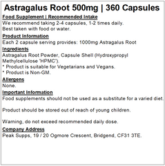 Astragalus Root 500mg Capsules (Pure)