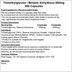 Betaine Anhydrous 600mg / Trimethylglycine (TMG) Capsules