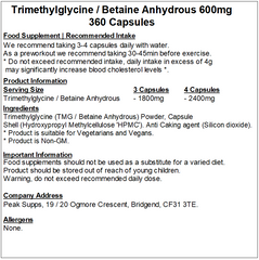 Betaine Anhydrous 600mg / Trimethylglycine (TMG) Capsules