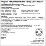 Organic 7 Mushroom Complex Blend 525mg Capsules (Pure) - Reishi, Chaga, Shiitake, Maitake, Lions Mane, Cordyceps & White Fungus