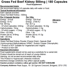 Grass Fed Beef Kidney 500mg Capsules