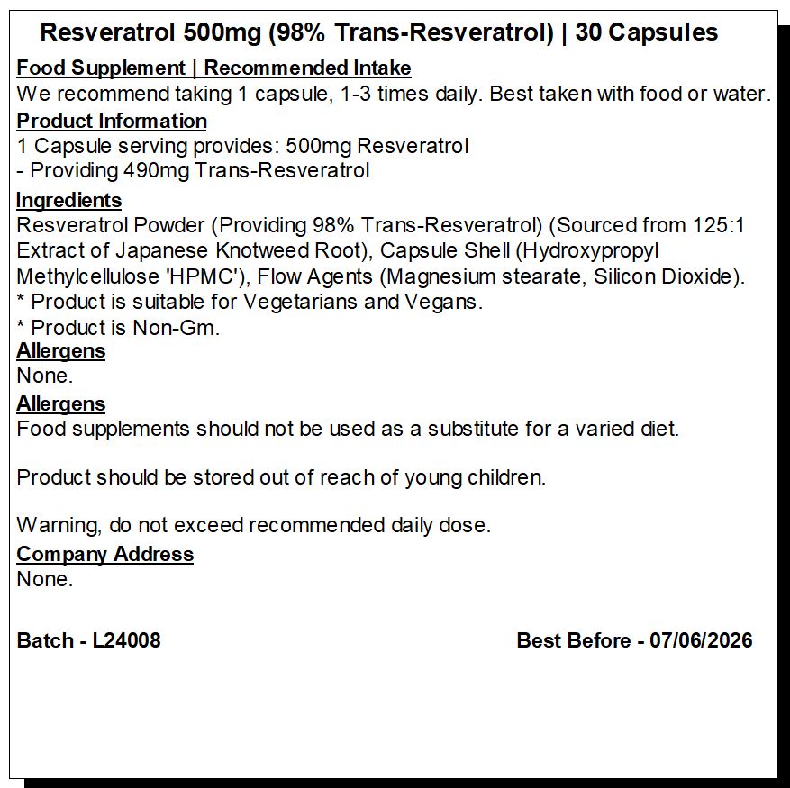 Resveratrol 500mg Capsules | 98% Trans resveratrol