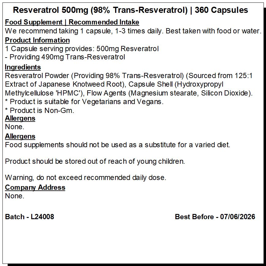Resveratrol 500mg Capsules | 98% Trans resveratrol