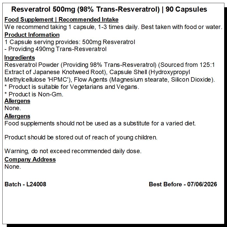 Resveratrol 500mg Capsules | 98% Trans resveratrol