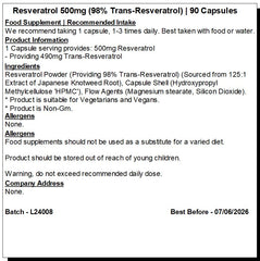 Resveratrol 500mg Capsules | 98% Trans resveratrol