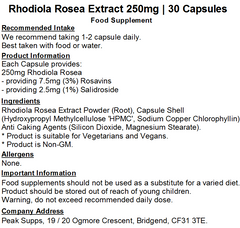 Rhodiola Rosea Extract 250mg Capsules (Pure) 3% Rosavins 1% Salidroside