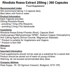 Rhodiola Rosea Extract 250mg Capsules (Pure) 3% Rosavins 1% Salidroside