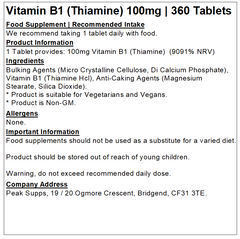 Vitamin B1 Thiamine 100mg Tablets