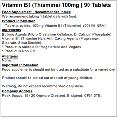 Vitamin B1 Thiamine 100mg Tablets