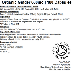 Organic Ginger 600mg Capsules (Pure)