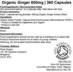 Organic Ginger 600mg Capsules (Pure)
