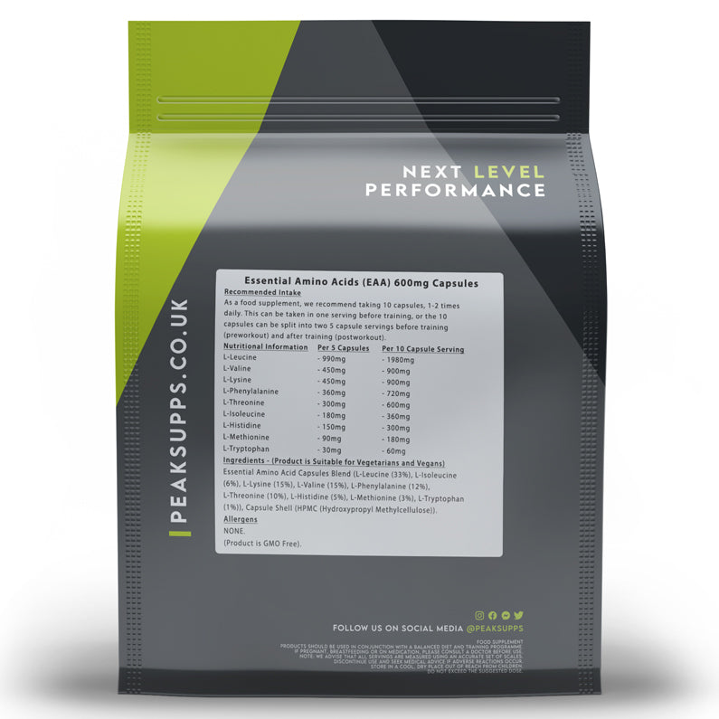 Peak Supps Essential Amino Acids (EAA) 600mg Capsules