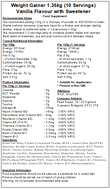 Weight Mass Gainer Protein (Whey, Casein, Creatine & Vitamin B)