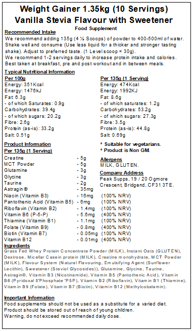 Weight Mass Gainer Protein (Whey, Casein, Creatine & Vitamin B)