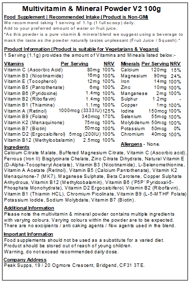 Multivitamins & Minerals Powder V2 – Methylated Vitamins (Folate, B6 ‘P5P’ & B12)