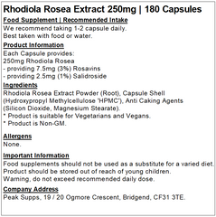 Rhodiola Rosea Extract 250mg Capsules (Pure) 3% Rosavins 1% Salidroside