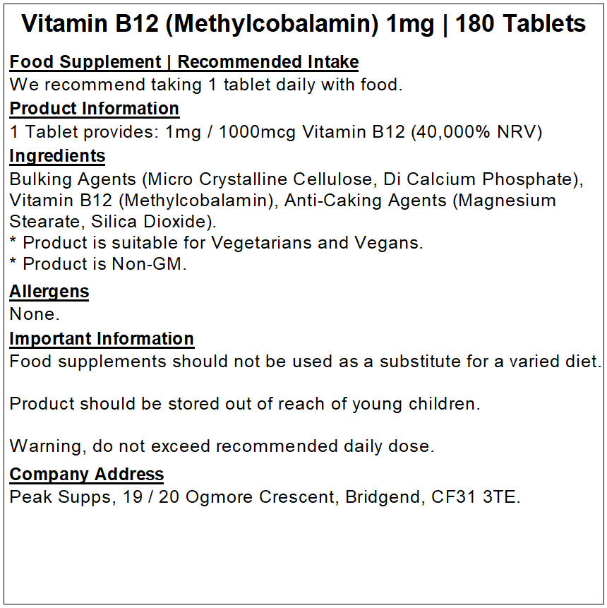 Vitamin B12 Tablets 1mg / 1000mcg (Methylcobalamin)