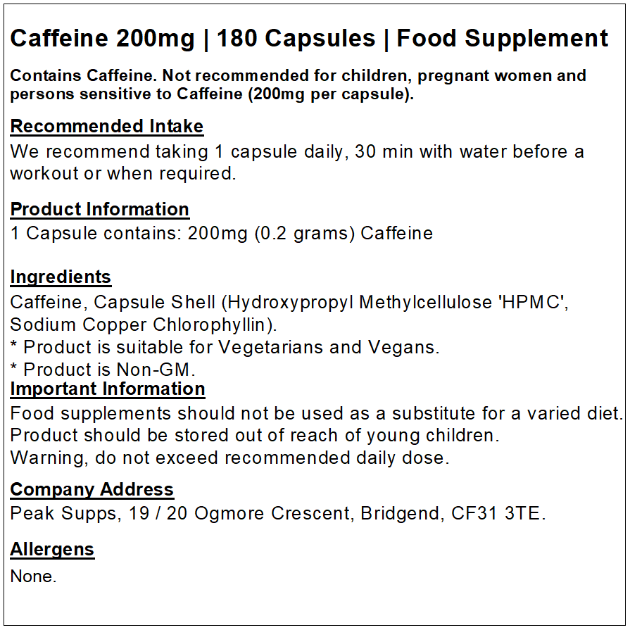 Caffeine 200mg Capsules (Pure)
