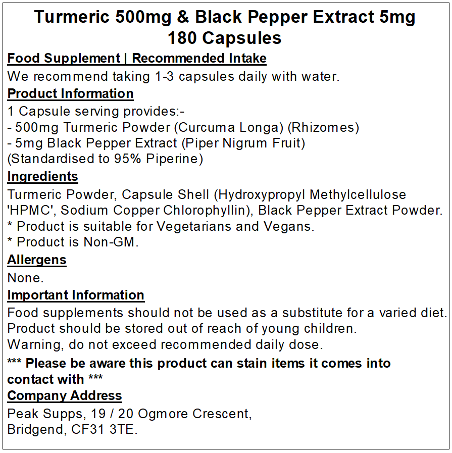 Turmeric 500mg & Black Pepper Extract 5mg Capsules