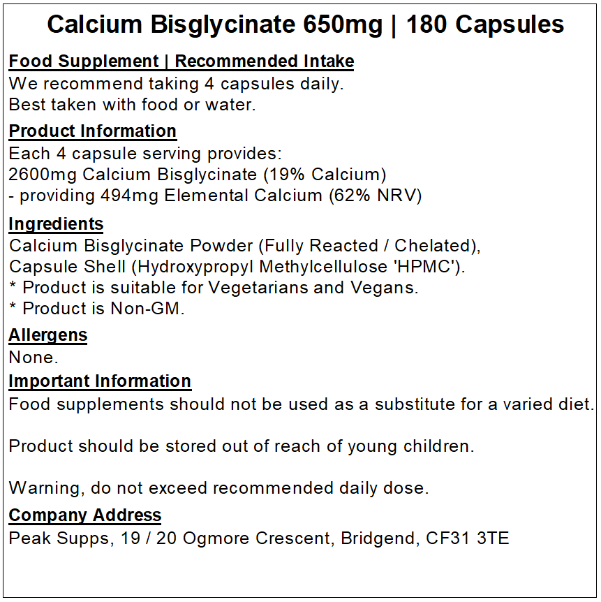 Calcium Bisglycinate (Chelated) 650mg Capsules (Pure)