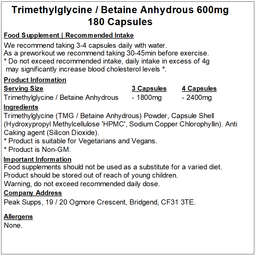 Betaine Anhydrous 600mg / Trimethylglycine (TMG) Capsules