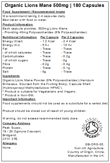 Organic Lions Mane 500mg Capsules
