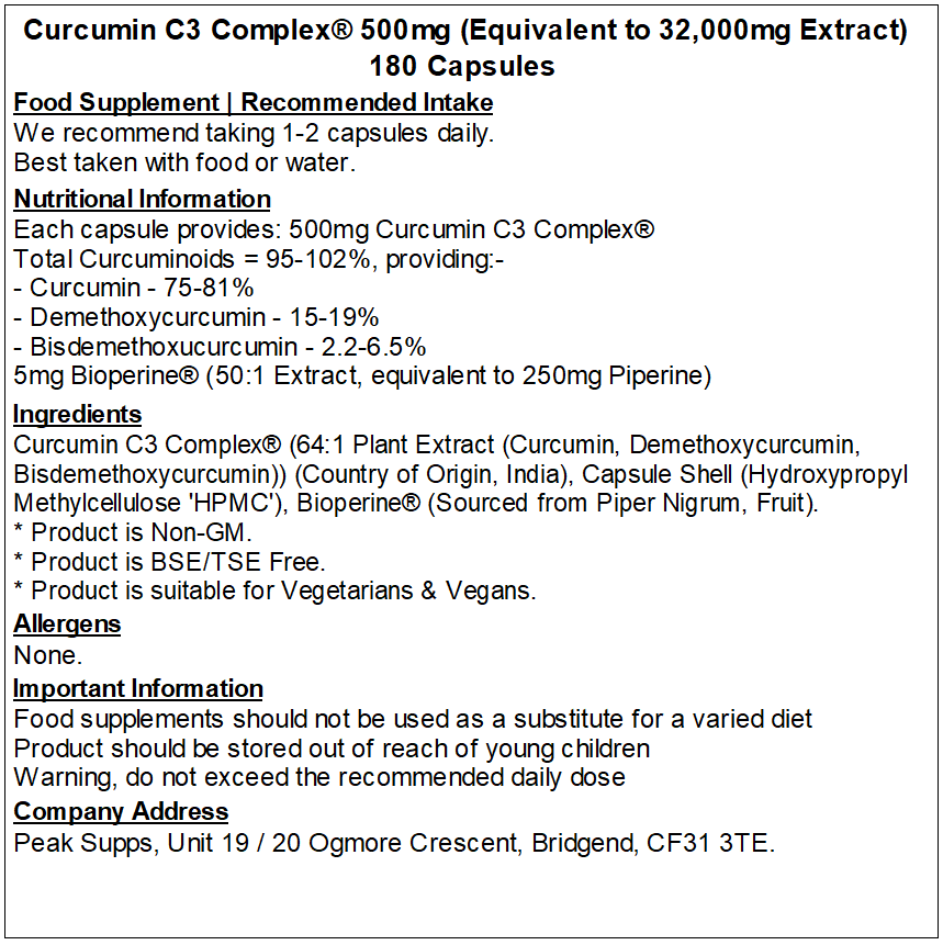 Curcumin C3 Complex® (95% Curcuminoids) 500mg with Bioperine (Black Pepper) Capsules (Pure)