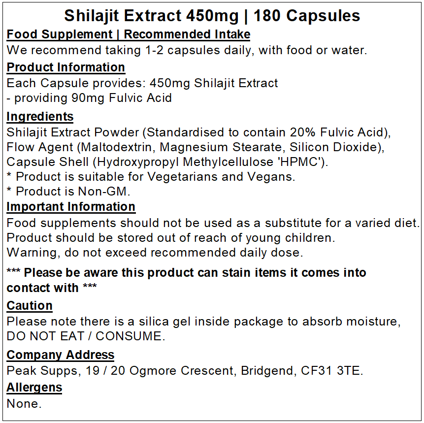 Shilajit 450mg Extract Capsules (20% Fulvic Acid)