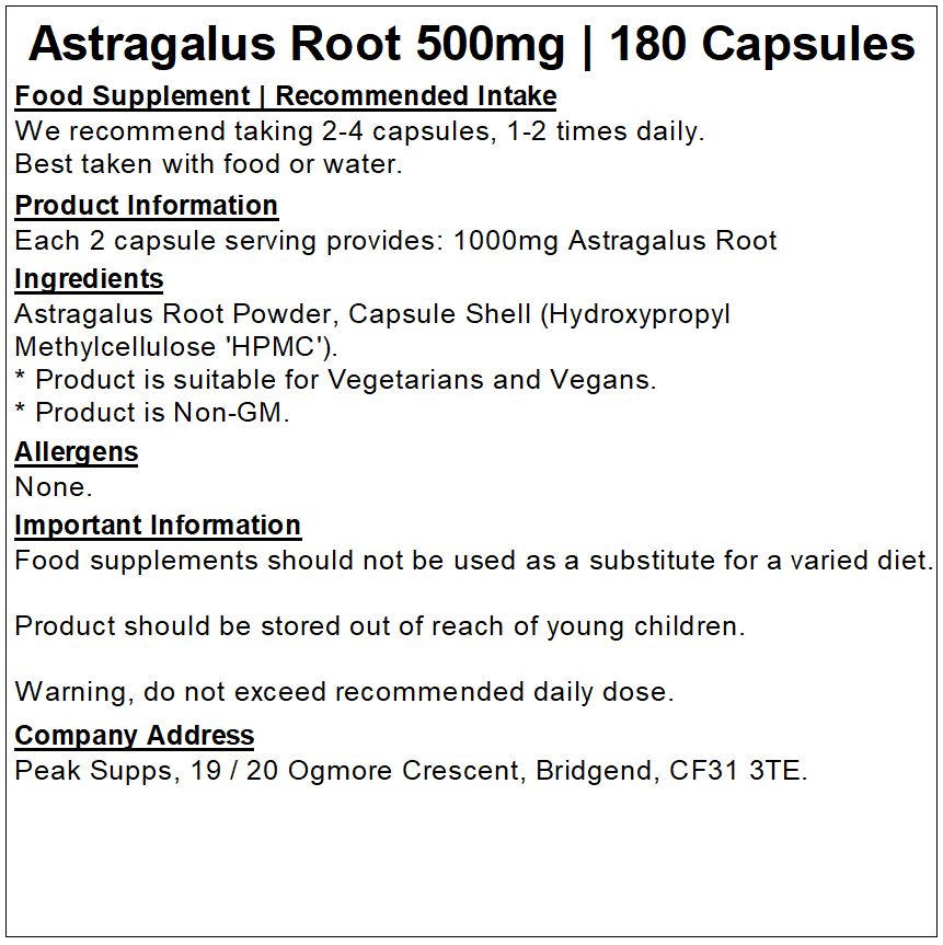 Astragalus Root 500mg Capsules (Pure)