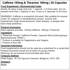 Caffeine 100mg & Theanine 160mg Complex Capsules (Pure)