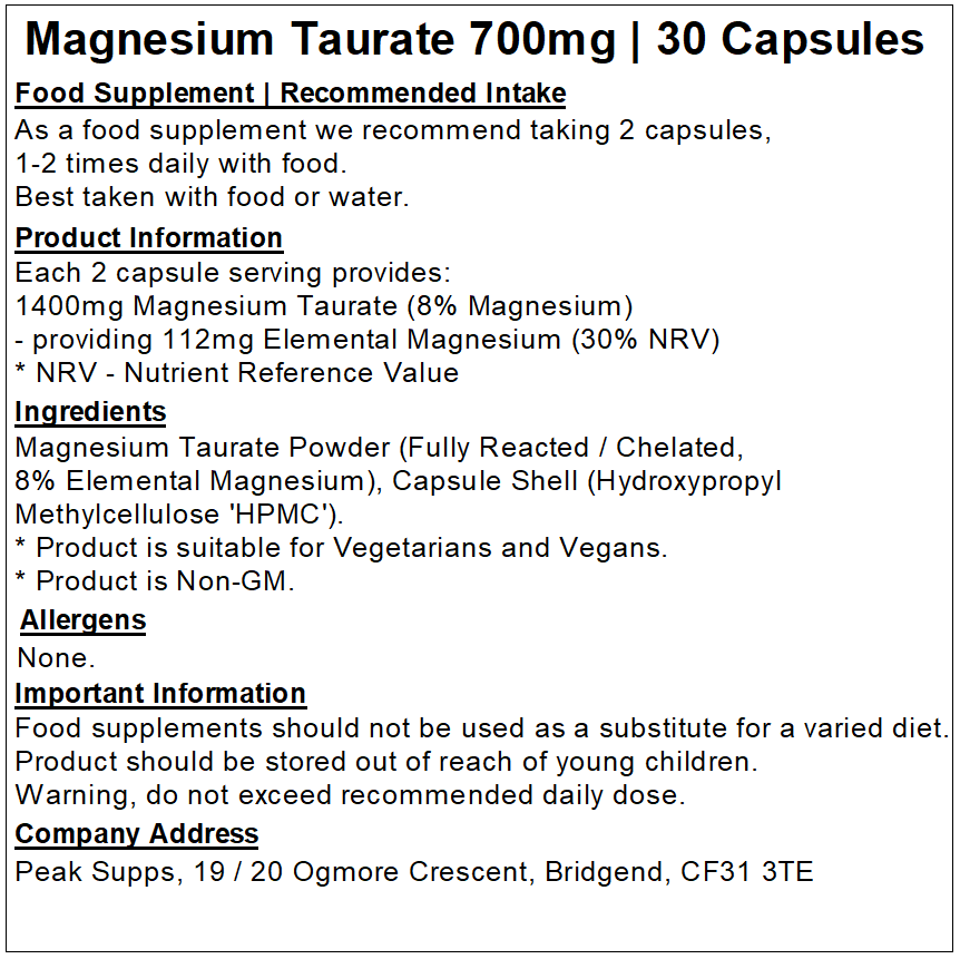 Magnesium Taurate 700mg Capsules