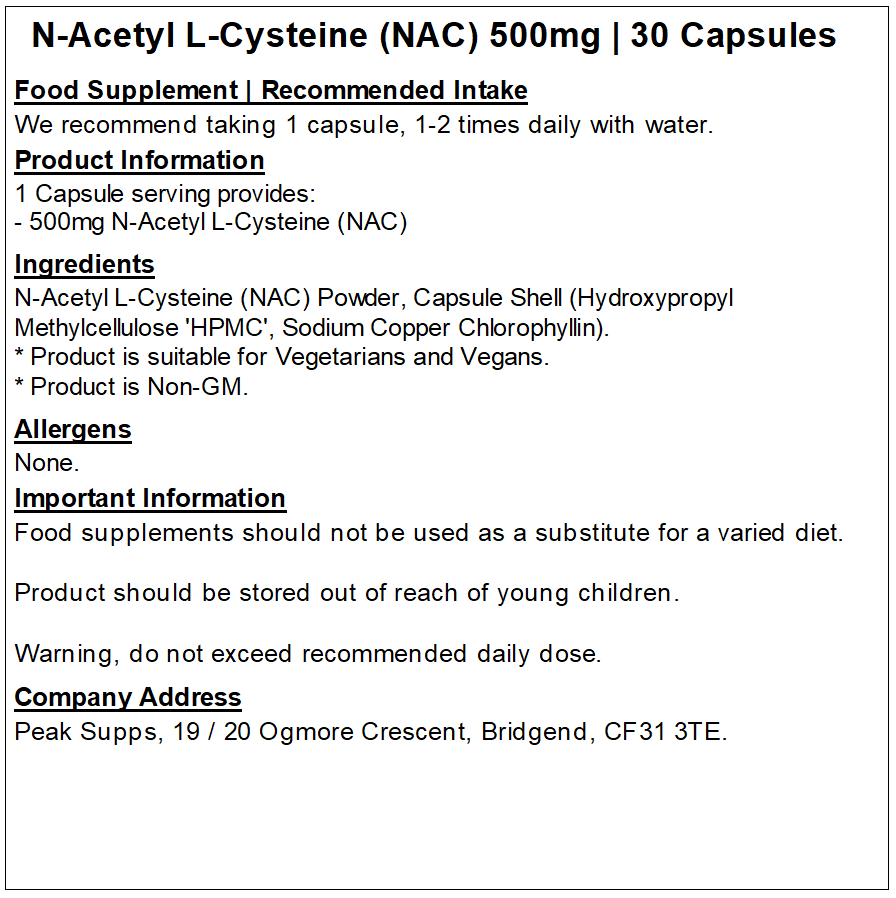 N-Acetyl L-Cysteine (NAC) Capsules 500mg (Pure)