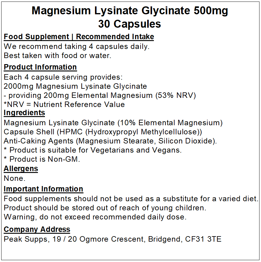 Magnesium Lysinate Glycinate 500mg Capsules