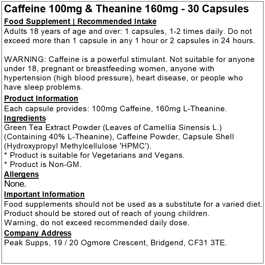 Caffeine 100mg & Theanine 160mg Complex Capsules (Pure)