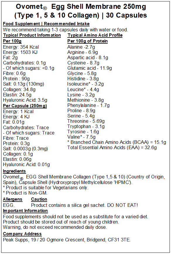 Ovomet® Egg shell Membrane Collagen (Type, 1,5,10) 250mg Capsules