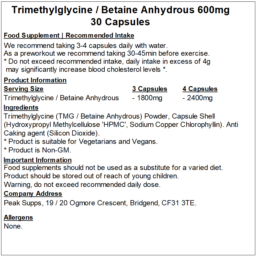 Betaine Anhydrous 600mg / Trimethylglycine (TMG) Capsules