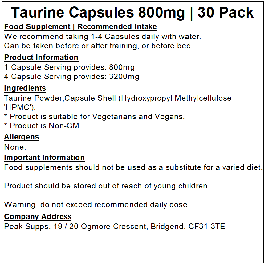 Taurine Capsules 800mg (Pure)