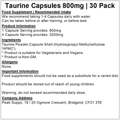 Taurine Capsules 800mg (Pure)