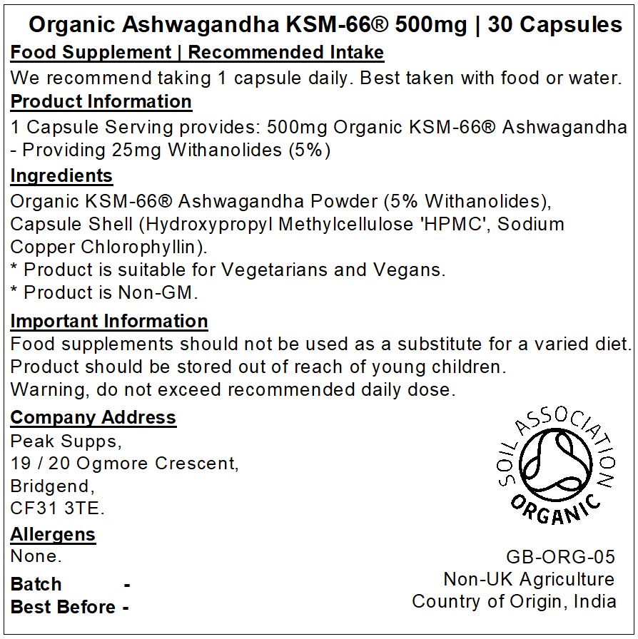 Organic Ashwagandha KSM-66® 500mg Capsules (Pure)