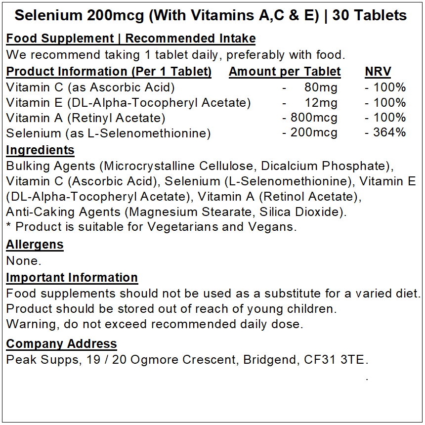 Selenium 200mcg Tablets (With Vitamin A, C & E)