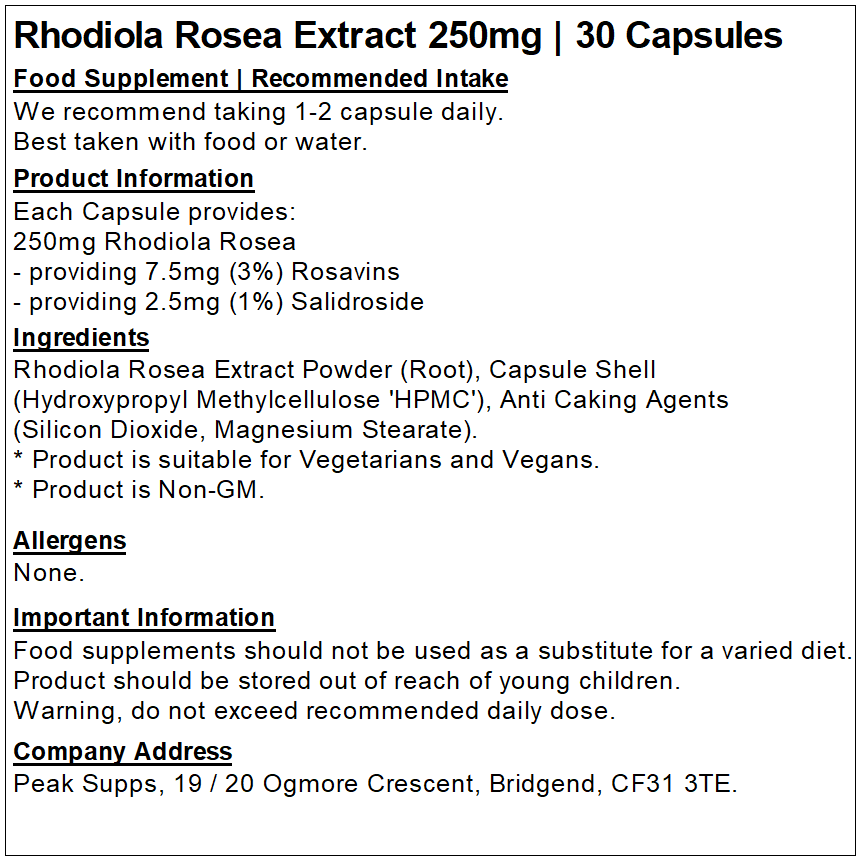 Rhodiola Rosea Extract 250mg Capsules (Pure) 3% Rosavins 1% Salidroside