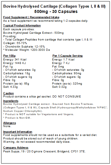 Bovine Hydrolysed Cartilage (Collagen Types I,II & III) 500mg Capsules