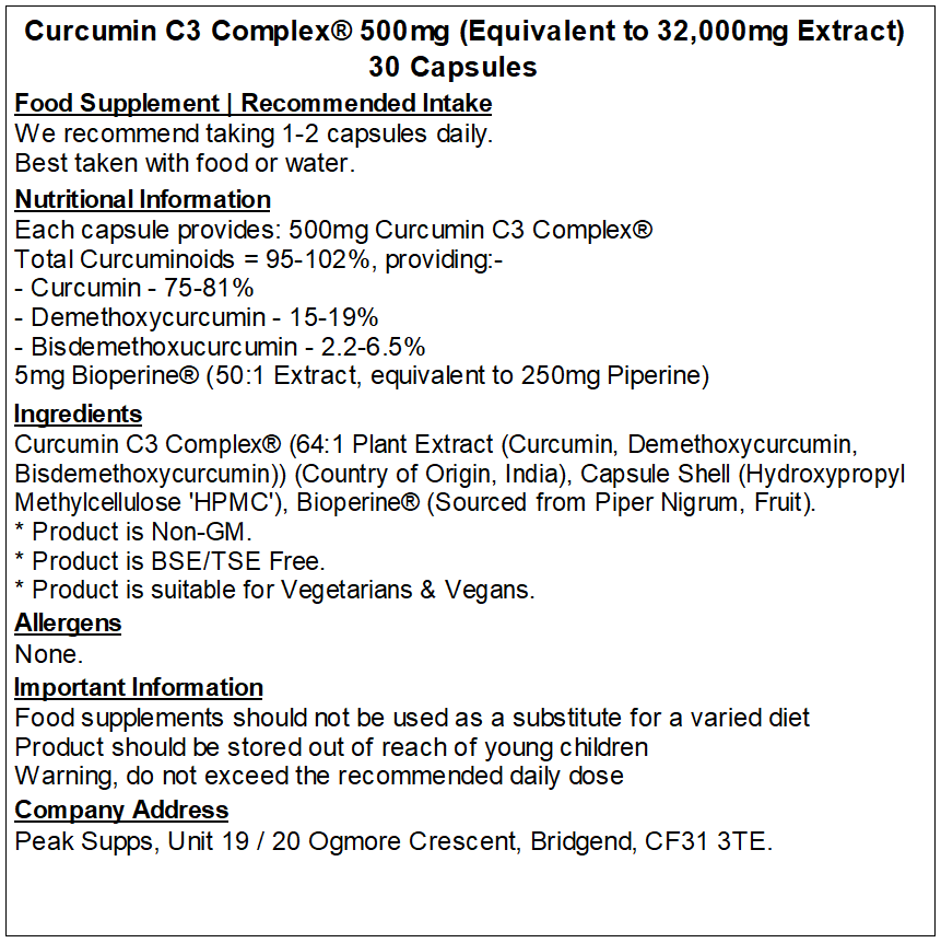 Curcumin C3 Complex® (95% Curcuminoids) 500mg with Bioperine (Black Pepper) Capsules (Pure)