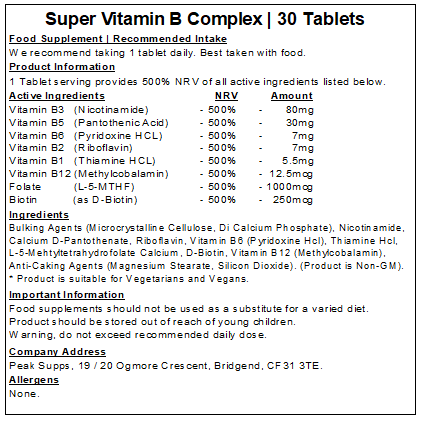 Super Vitamin B Complex Tablets (500% NRV/RDA) Methylated B Vitamins