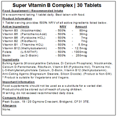 Super Vitamin B Complex Tablets (500% NRV/RDA) Methylated B Vitamins