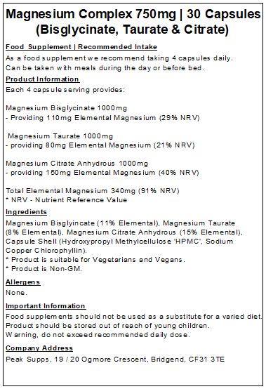 Magnesium Complex 750mg Capsules (Bisglycinate, Taurate, Citrate)(Pure)