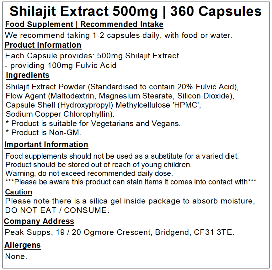 Shilajit 500mg Extract Capsules (20% Fulvic Acid)